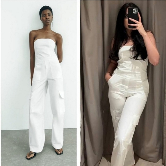 NWT Zara Strapless Utility Cargo Jumpsuit Wide White Long - Picture 8 of 16